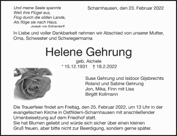 Traueranzeige von Helene Gehrung von Eßlinger Zeitung/Cannstatter Zeitung