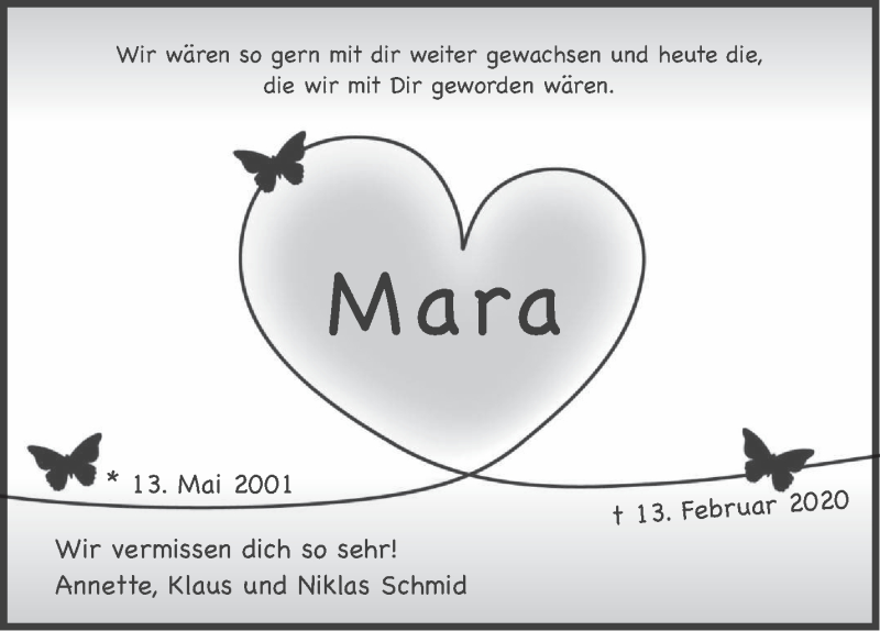  Traueranzeige für Mara Schmid vom 12.02.2022 aus Eßlinger Zeitung/Cannstatter Zeitung