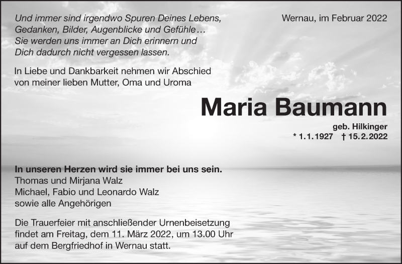  Traueranzeige für Maria Baumann vom 26.02.2022 aus Eßlinger Zeitung/Cannstatter Zeitung