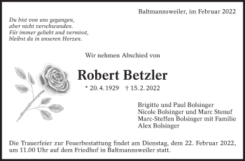 Traueranzeige von Robert Betzler von Eßlinger Zeitung/Cannstatter Zeitung