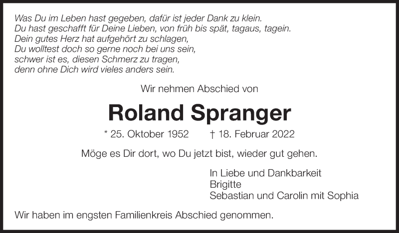  Traueranzeige für Roland Spranger vom 26.02.2022 aus Eßlinger Zeitung/Cannstatter Zeitung