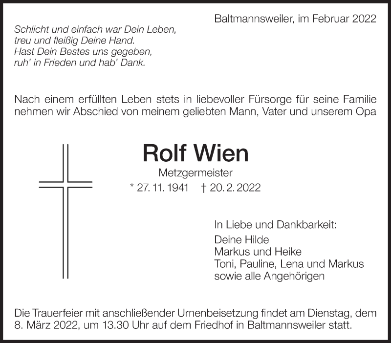 Traueranzeige für Rolf Wien vom 25.02.2022 aus Eßlinger Zeitung/Cannstatter Zeitung