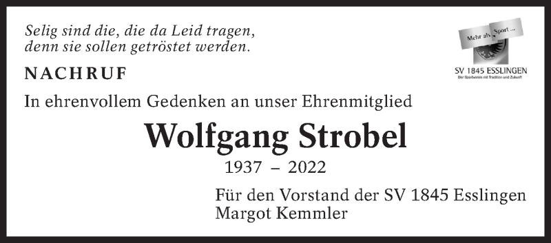 Traueranzeige für Wolfgang Strobel vom 25.02.2022 aus Eßlinger Zeitung/Cannstatter Zeitung