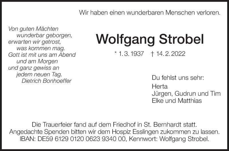  Traueranzeige für Wolfgang Strobel vom 23.02.2022 aus Eßlinger Zeitung/Cannstatter Zeitung