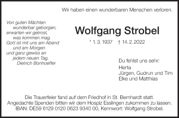 Traueranzeige von Wolfgang Strobel von Eßlinger Zeitung/Cannstatter Zeitung