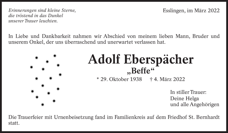  Traueranzeige für Adolf Eberspächer vom 24.03.2022 aus Eßlinger Zeitung/Cannstatter Zeitung