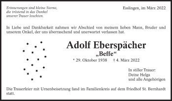 Traueranzeige von Adolf Eberspächer von Eßlinger Zeitung/Cannstatter Zeitung