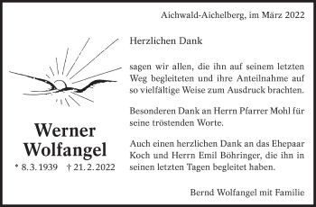 Traueranzeige von Bernd Wolfangel von Eßlinger Zeitung/Cannstatter Zeitung