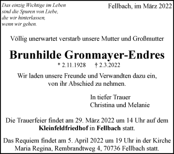 Traueranzeige von Brunhilde Gronmayer-Endres von Eßlinger Zeitung/Cannstatter Zeitung