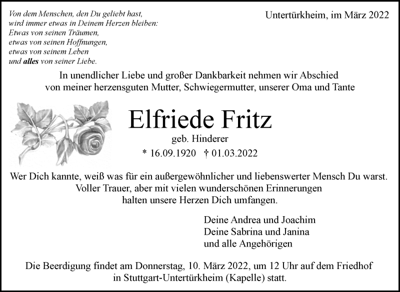  Traueranzeige für Elfriede Fritz vom 07.03.2022 aus Eßlinger Zeitung/Cannstatter Zeitung