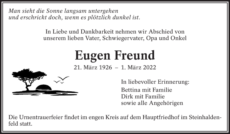  Traueranzeige für Eugen Freund vom 08.03.2022 aus Eßlinger Zeitung/Cannstatter Zeitung