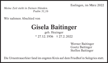 Traueranzeige von Gisela Baitinger von Eßlinger Zeitung/Cannstatter Zeitung
