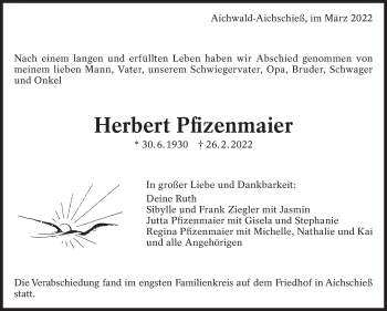 Traueranzeige von Herbert Pfzenmaier von Eßlinger Zeitung/Cannstatter Zeitung