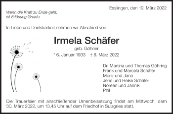 Traueranzeige von Irmela Schäfer von Eßlinger Zeitung/Cannstatter Zeitung