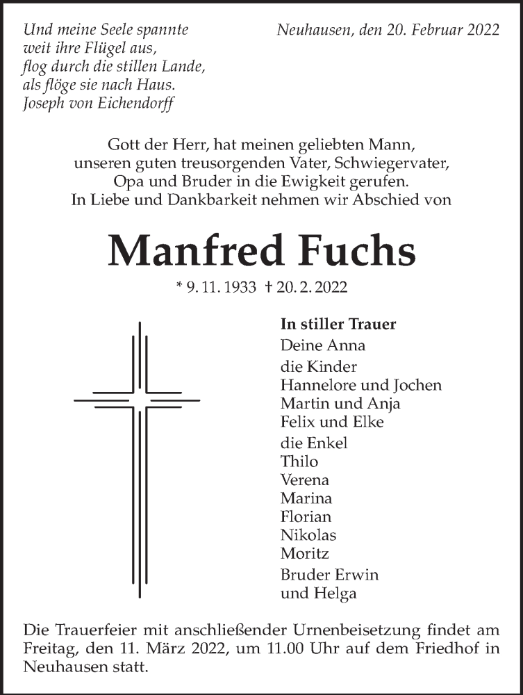  Traueranzeige für Manfred Fuchs vom 05.03.2022 aus Eßlinger Zeitung/Cannstatter Zeitung