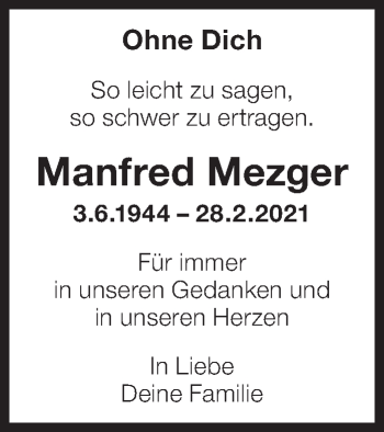 Traueranzeige von Manfred Mezger von Eßlinger Zeitung/Cannstatter Zeitung