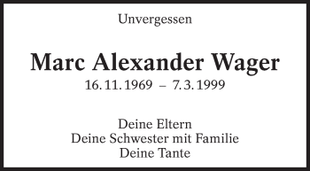 Traueranzeige von Marc Alexander Wager von Eßlinger Zeitung/Cannstatter Zeitung