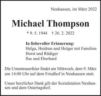 Traueranzeige von Michael Thompson von Eßlinger Zeitung/Cannstatter Zeitung