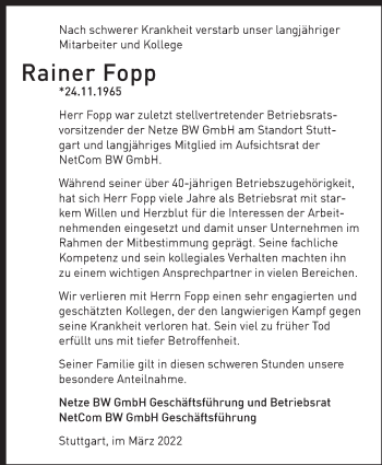 Traueranzeige von Rainer Fopp von Eßlinger Zeitung/Cannstatter Zeitung