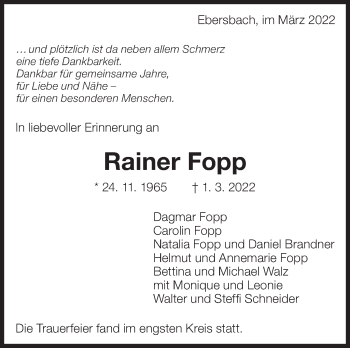 Traueranzeige von Rainer Fopp von Eßlinger Zeitung/Cannstatter Zeitung