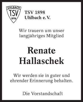 Traueranzeige von Renate Hallaschek von Eßlinger Zeitung/Cannstatter Zeitung