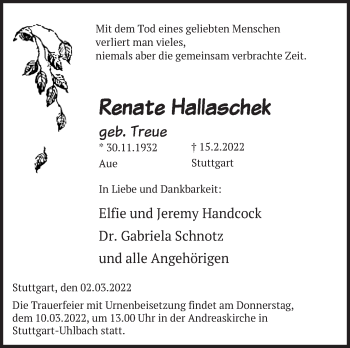 Traueranzeige von Renate Hallaschek von Eßlinger Zeitung/Cannstatter Zeitung