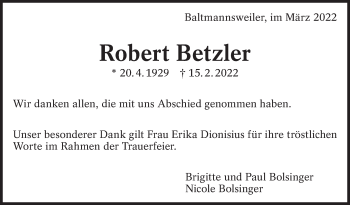 Traueranzeige von Robert Betzler von Eßlinger Zeitung/Cannstatter Zeitung