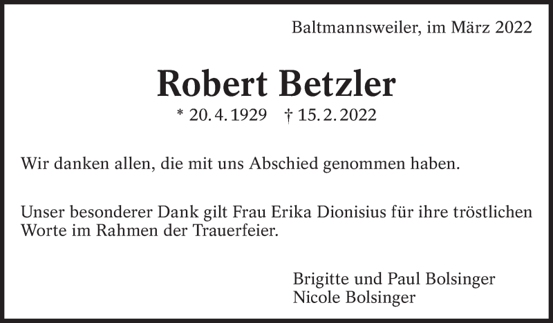  Traueranzeige für Robert Betzler vom 09.03.2022 aus Eßlinger Zeitung/Cannstatter Zeitung
