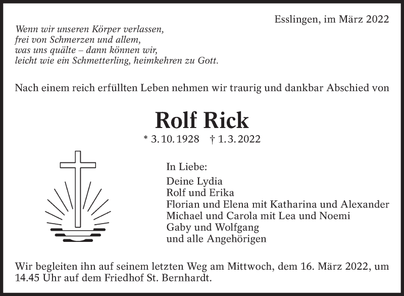  Traueranzeige für Rolf Rick vom 07.03.2022 aus Eßlinger Zeitung/Cannstatter Zeitung
