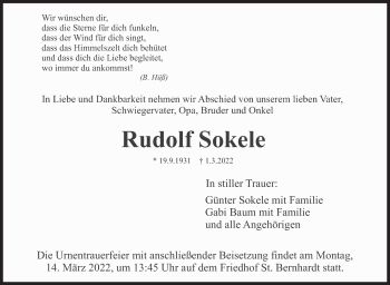 Traueranzeige von Rudolf Sokele von Eßlinger Zeitung/Cannstatter Zeitung