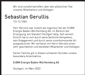 Traueranzeige von Sebastian Gerullis von Eßlinger Zeitung/Cannstatter Zeitung