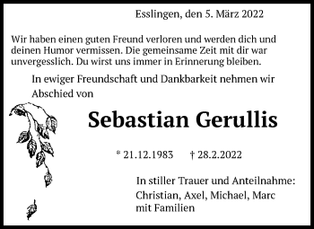 Traueranzeige von Sebastian Gerullis von Eßlinger Zeitung/Cannstatter Zeitung