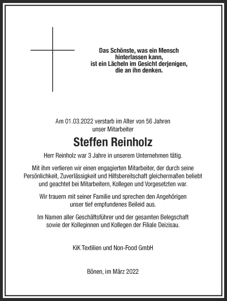  Traueranzeige für Steffen Reinholz vom 14.03.2022 aus Eßlinger Zeitung/Cannstatter Zeitung