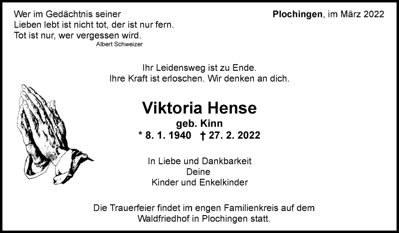  Traueranzeige für Viktoria Hense vom 03.03.2022 aus Eßlinger Zeitung/Cannstatter Zeitung