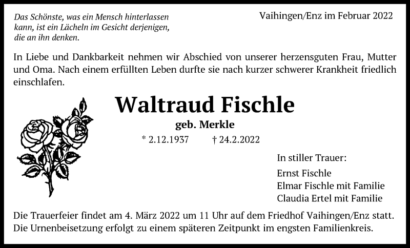  Traueranzeige für Waltraud Fischle vom 01.03.2022 aus Eßlinger Zeitung/Cannstatter Zeitung