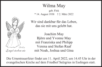 Traueranzeige von Wilma May von Eßlinger Zeitung/Cannstatter Zeitung
