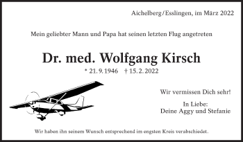 Traueranzeige von Wolfgang Kirsch von Eßlinger Zeitung/Cannstatter Zeitung