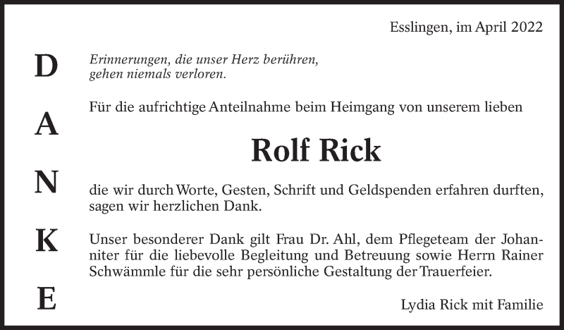  Traueranzeige für Rolf Rick vom 09.04.2022 aus Eßlinger Zeitung/Cannstatter Zeitung