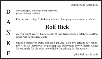 Traueranzeige von Rolf Rick von Eßlinger Zeitung/Cannstatter Zeitung