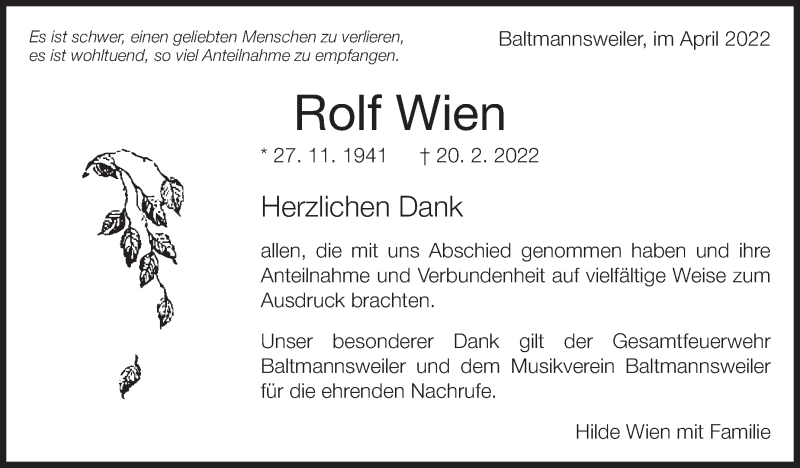  Traueranzeige für Rolf Wien vom 21.04.2022 aus Eßlinger Zeitung/Cannstatter Zeitung