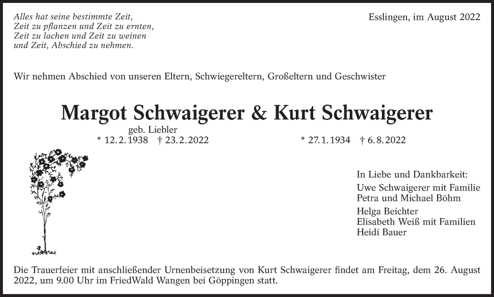  Traueranzeige für Margot Schwaigerer vom 13.08.2022 aus Eßlinger Zeitung/Cannstatter Zeitung