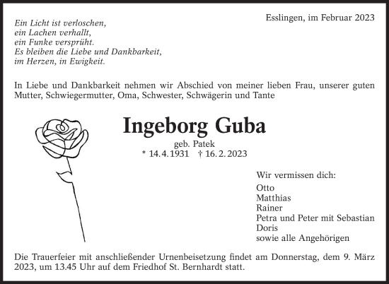 Traueranzeige von Ingeborg Guba von Eßlinger Zeitung/Cannstatter Zeitung