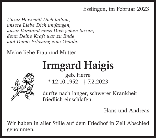 Traueranzeige von Irmgard Haigis von Eßlinger Zeitung/Cannstatter Zeitung