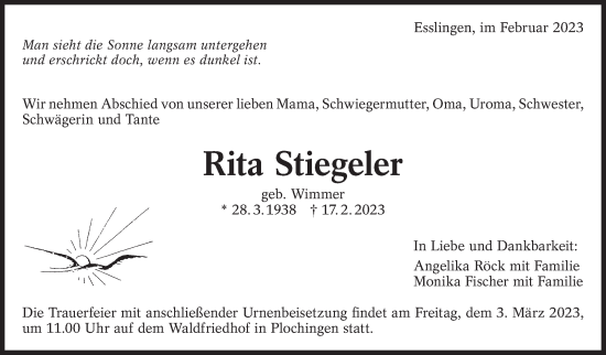 Traueranzeige von Rita Stiegeler von Eßlinger Zeitung/Cannstatter Zeitung