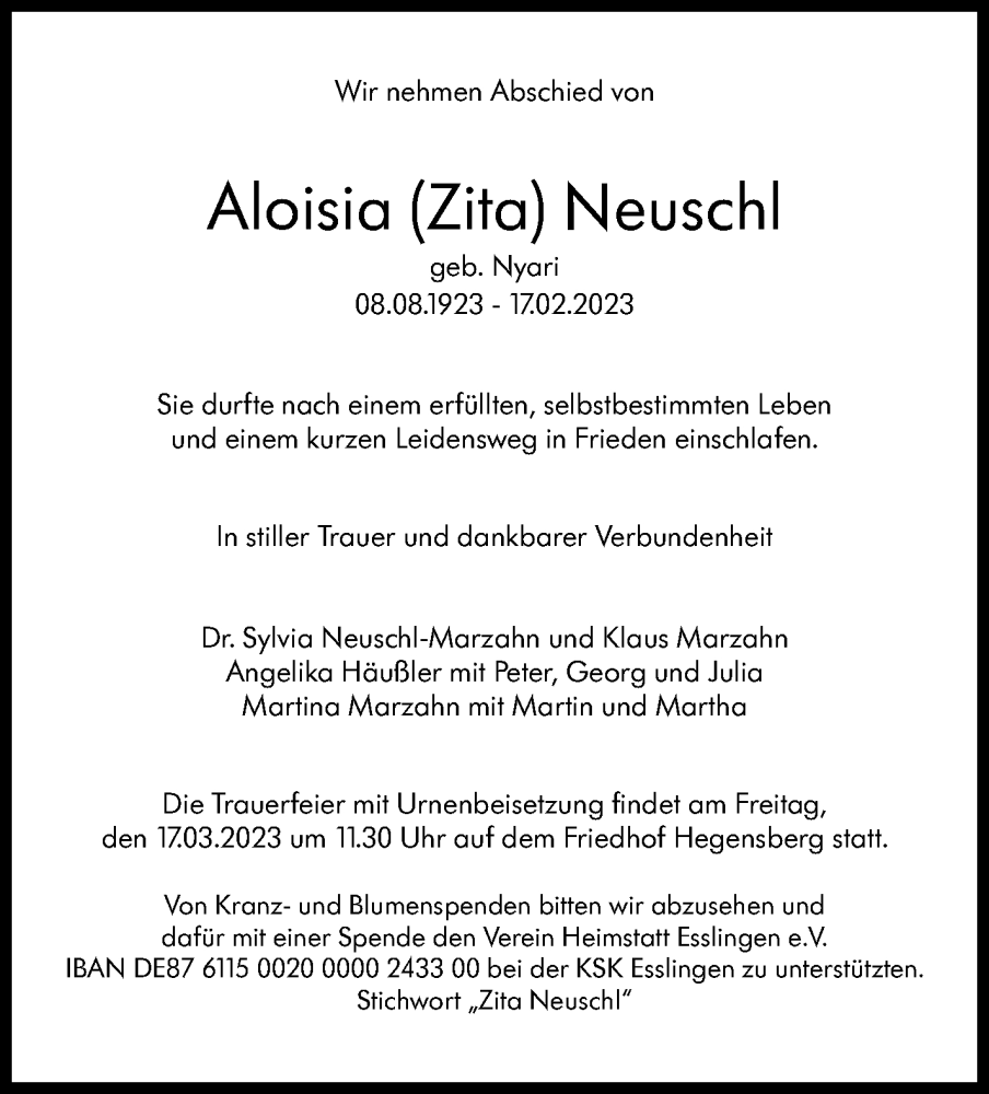  Traueranzeige für Aloisia Neuschl vom 11.03.2023 aus Eßlinger Zeitung/Cannstatter Zeitung