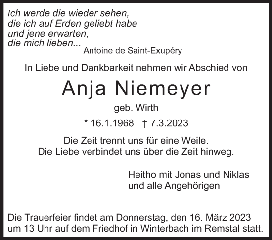 Traueranzeige von Anja Niemeyer von Eßlinger Zeitung/Cannstatter Zeitung