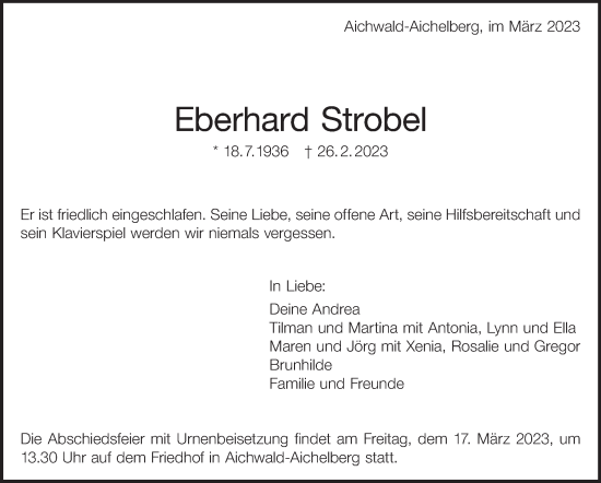 Traueranzeige von Eberhard Strobel von Eßlinger Zeitung/Cannstatter Zeitung