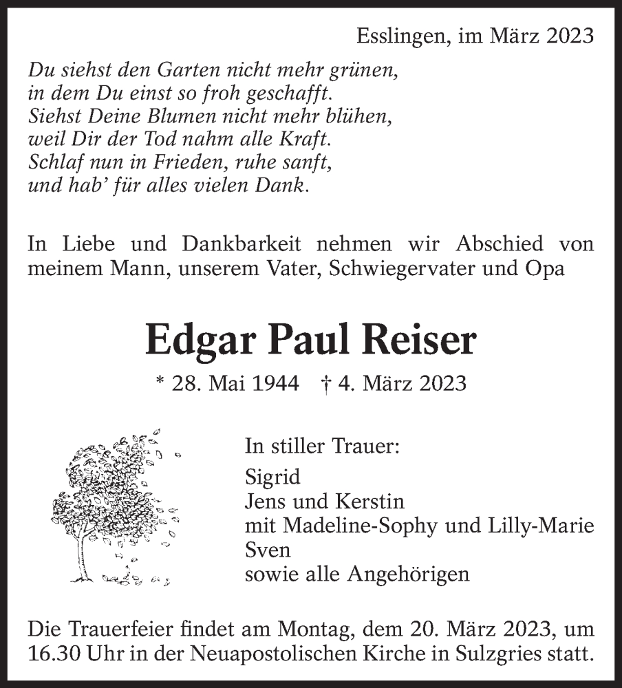  Traueranzeige für Edgar Paul Reiser vom 11.03.2023 aus Eßlinger Zeitung/Cannstatter Zeitung
