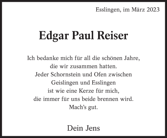Traueranzeige von Edgar Paul Reiser von Eßlinger Zeitung/Cannstatter Zeitung