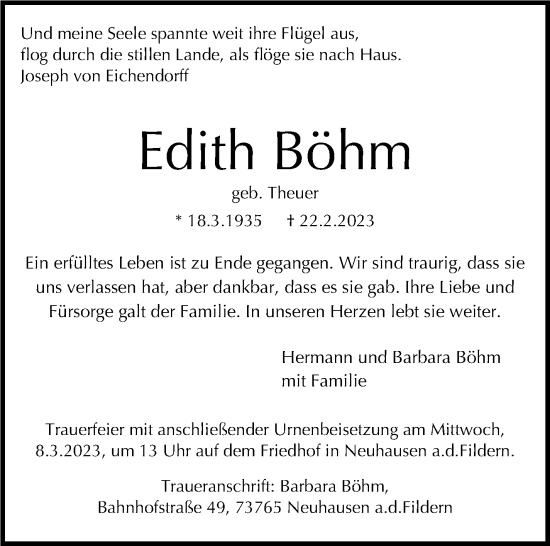 Traueranzeige von Edith Böhm von Eßlinger Zeitung/Cannstatter Zeitung